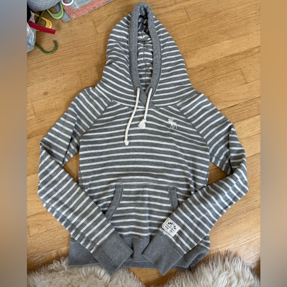 Abercrombie & Fitch Gray and White Striped Hooded Sweater
